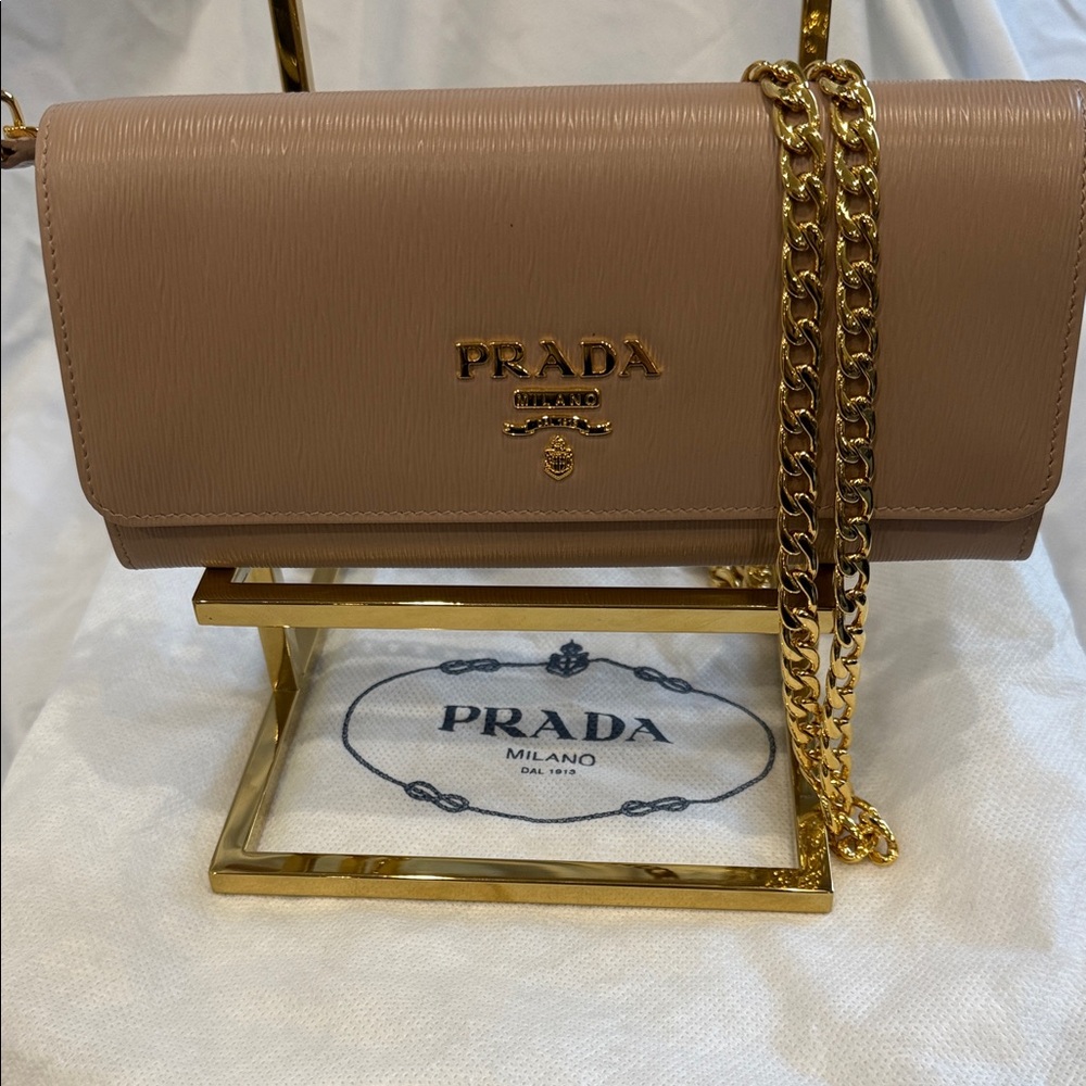 Prada Beige Leather Clutch with Gold Chain